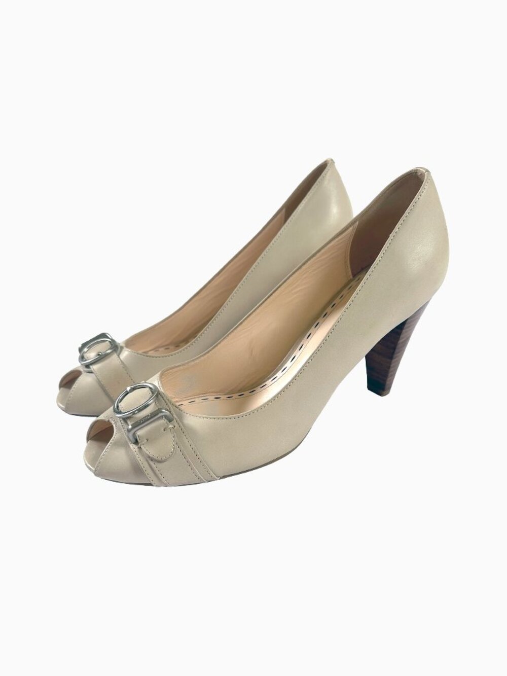 Coach Cream Leather Tatiana Peep Toe Pump Cone Heel Buckle Strap Shoes 9B Q1041
